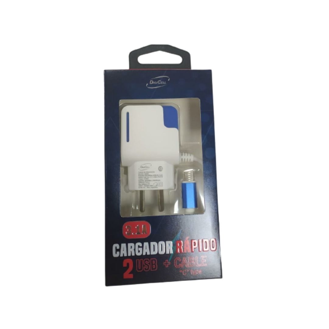 CARGADOR VIAJERO 3.1A 2 USB C/CABLE TYPO C