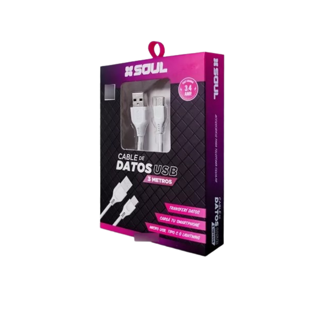 CABLE 3.4A USB MICRO USB 3 MTS BLANCO - SOUL