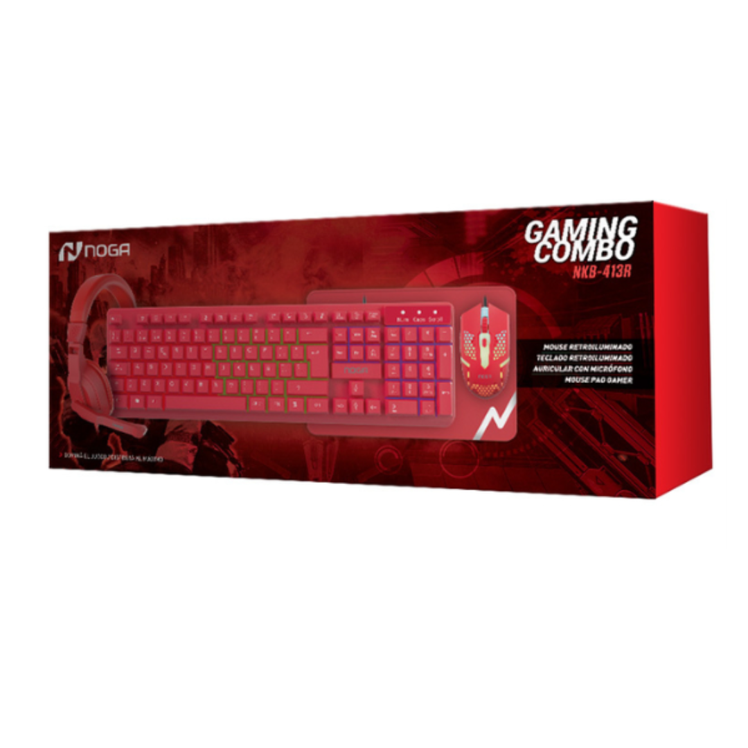 KIT GAMER 4 EN 1 / TECLADO-MOUSE -PAD + AURICULAR ROJO - NOGA (NKB-413R)