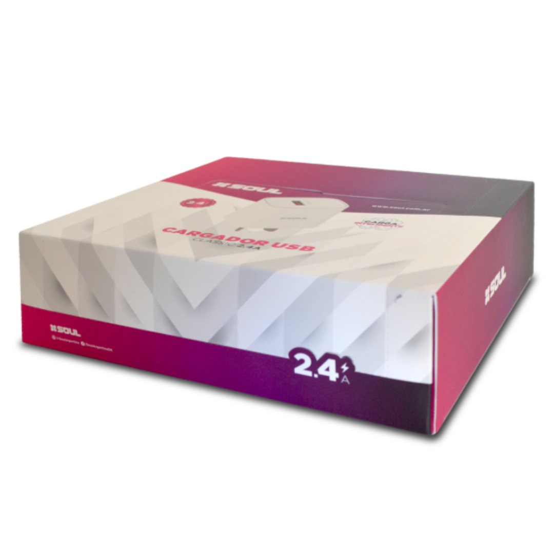 CARGADOR VIAJERO USB 2.4A S/CABLE - CAJA X 20 - SOUL